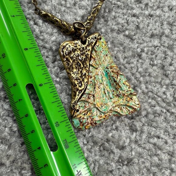 Green & Bronze Pendant Necklace Textured Metal Design on Chain 18 Inches Long - Picture 7 of 16